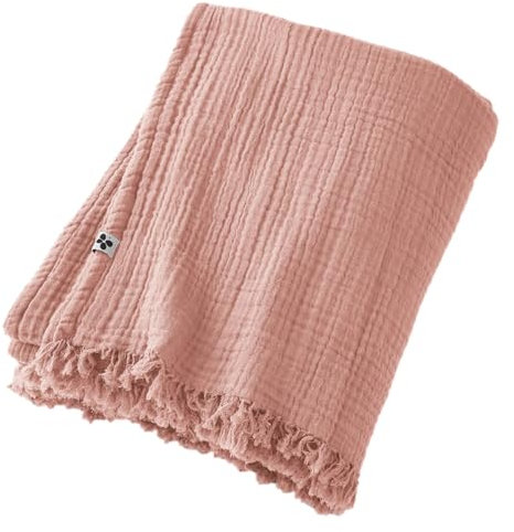 DOCK AVENUE Plaid à Franges 130 x 160 cm Gaze de Coton Unie Gaia Coloris Rose pêche