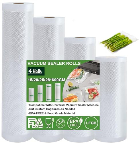 Omtofo Vakuumierbeutel Vakuumierfolie, 15/20/25/28 * 600cm/Rolle Vakuumbeutel Lebensmittel, BPA-frei, reißfest, 150µm, Vakumierfolienrolle für alle Vakuumierer, Mikrowellen and Sous Vide