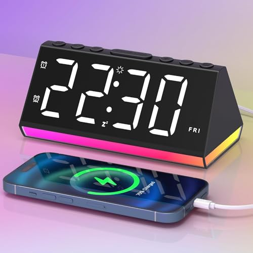 APUZOM Digital Wecker mit Licht für Kinder Schlafzimmer, Große LED-Anzeige mit Einstellbarer Helligkeit, 7-Farben Nachtlicht, Batterie Backup, 2 USB-Ladegeräte, Snooze für Jungen Mädchen Jugend Eltern