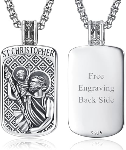 KINGWHYTE St Michael/St Christopher Halskette S925 Sterling Silber Saint Kette Schützen Anhänger Schmuck Graduierung Geschenke für Frauen Männer, Rechteck