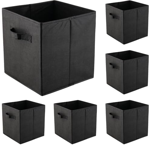 DAKFOOK Pack Of 6 Black Foldable Storage Cubes, 27 x 27 x 28 cm Fabric Cube Storage Unit Boxes with Handle, Square Fabric Cardboard Storage Boxes for Shelves