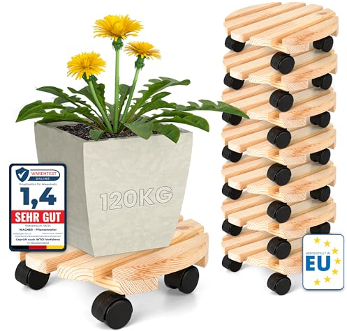 Oramics 8 Stück Pflanzenroller Rund aus Massivholz – Ø30 x 8 cm bis 120 KG belastbar – Rollbrett für Pflanzen, Blumentöpfe und Blumenkübel – Blumentopf Untersetzer mit 4 Rollen