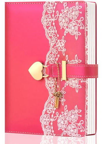 MINICAGIE Lace Diary with Lock& Gift Box for Women and Girls 224 Pages Cute Journal with Lock and Key A5 Leather Password Locked Journals for Writing Note Taking, Rosy (Pink)