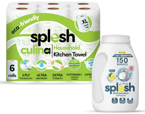 Splesh Cleaning Bundle of 3 Ply Culina Kitchen Towel Ultra Absorbent Household XL 6 Roll with Splesh 3 in 1 Dishwasher Tablets Ultimate Freshness, Lemon Scent 150 Washes