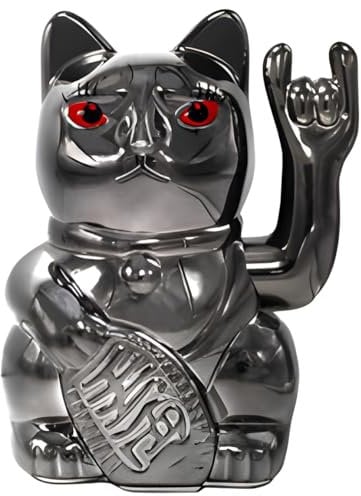 ANGRY CAT - Winkekatze Lucky CAT - rockige, winkende - Rock- japanische Winkkatze rockt - Dekoartikel Wackelfigur - Winke-Arm mit Heavy-Metal-Zeichen - 15cm, Black Shiny