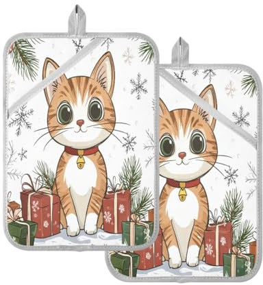 JUMBEAR Ensemble de maniques en Forme de Chat avec Poche pour Cuisine, maniques résistantes à la Chaleur, maniques de Cuisine, Dessous de Plat pour pâtisserie, 17,8 x 22,9 cm