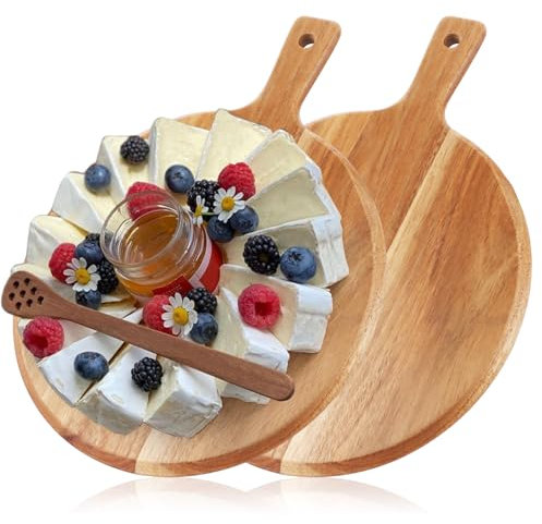 WOPPLXY 2 PCS Wood Pizza Boards, 12Inch Wooden Chopping Boards Charcuterie Board, Round Pizza Paddle Cutting Serving Board with Handle for Cheese, Bread, Fruits