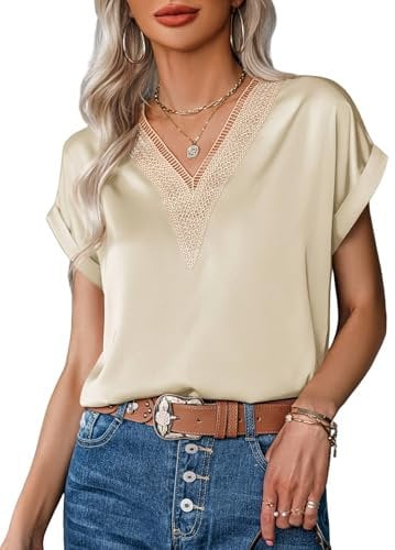 Zeagoo Chemise Femme Satin Chemisier Manches Courtes Col V Longue Blouse Décontracté Top Élégante Shirts Champagne XL
