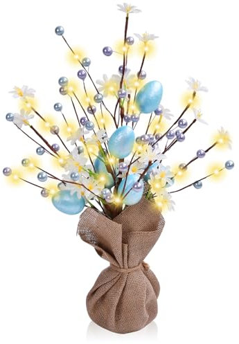 45CM Osternbaum mit Beleuchtung, Beinhome Ostern Deko Tisch Baum mit zarten Ornamenten, Eier, künstliche Blumen, Perlen, für Osterparty Home Decoration