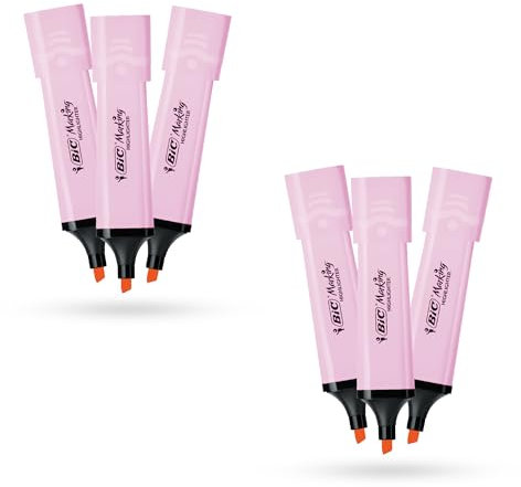 BIC Marking Highlighter Flach Textmarker Marker 6 Stück Kunststoff Textmarker Stift mit Pastellrosa Tinte Textmarker Stifte für Glatte Noten Präzise Highlights Ideal für Schule und Büro
