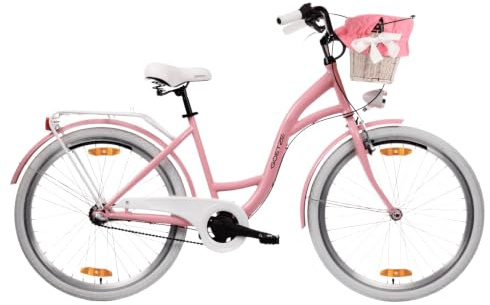 Goetze Style Damen Citybike 26/28 Zoll, Retro Fahrrad mit 3-Gang | 17/18 Zoll Tiefeinsteiger, Shimano Nexus Nabenschaltung mit Rücktritt, LED-Beleuchtung, Rattankorb, Gepäckträger & Klingel