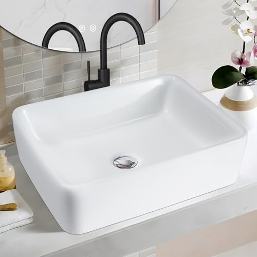 Mursche Lavabo da appoggio in ceramica - quadrato per bagno, lavabo bianco, piccolo sospeso con effetto loto, zona lavaggio per bagno ospiti