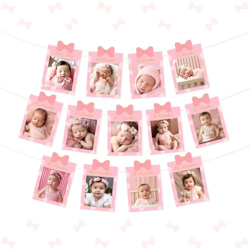 Kreatwow Cartoon Mouse 1st Birthday Decoration Photo Banner for Girl Newborn to 12 Months Pink and Gold Monthly DIY Pink Bow Photo Banner Cartoon Mouse Theme First Birthday Bow 1st Bday Party Girl
