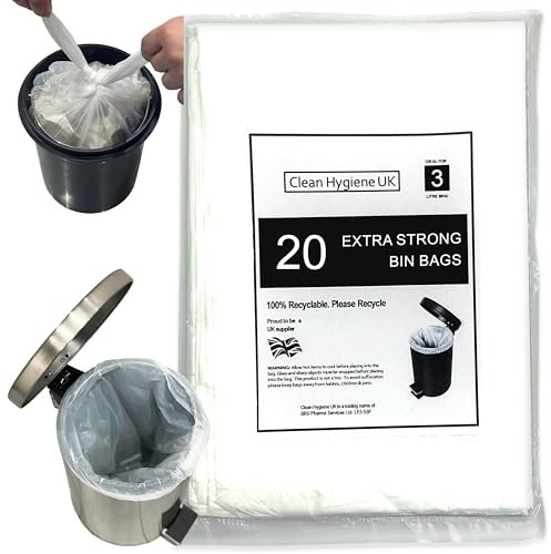 3L Bin Liners Extra Strong Dustbin Waste Bags For Round, Oval, Square & Rectangular Pedal Bins 3 Liter For Bedroom Bathroom Office Hotels Garbage White Refuse Trash Rubbish Sacks 3 Litre - 20 Count