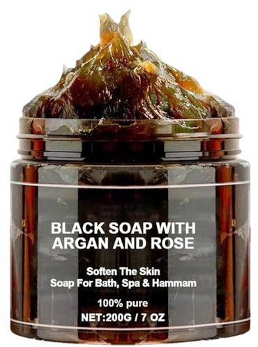 Marokko Black Beldi Soap - Marokko Schwarze Seife | Peeling Beldi Black Seife | 200g Feuchtigkeitsspendende Ölkontrolle Aufhellen Bad Hautpflege | Rosenargan Bio -Körperreiniger Für Frauen & Männer