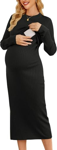 OUGES Women's Wool Blend 2025 Maternity Sweater Nursing Dress Long Sleeve Crew Neck Slim Fit Ribbed Knit Midi Dress(Black,XXL)