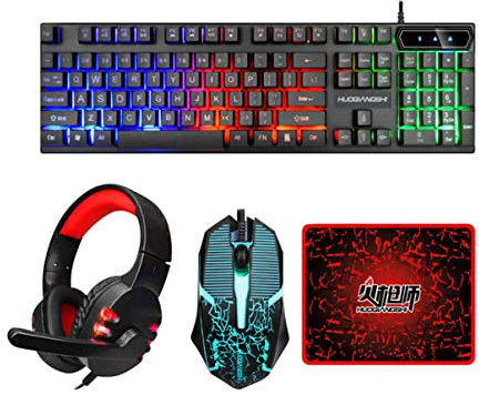 DIYEAH Rgb Backlit Computer Keyboard Mouse Headset and Mousepad for Gaming Office Work Usb Wired Combo for Laptop