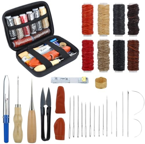 32 Pieces Leather Craft Tool Leather Craft Kit Leather Sewing Tool Cutting Mat Punch Tool with Pliers Stamp Waxed Thread Seam Router for DIY Sewing Cutting and Sewing Accessories