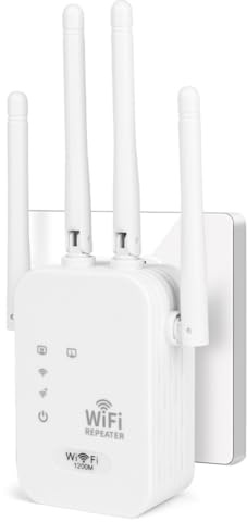 AOOSU Repetidor WiFi, AC1200 Amplificador Señal WiFi, Repetidor de Doble Banda 5 GHz y 2.4 GHz con 4 Antenas externas, Extensor Wi-Fi Cobertura más de 250 Metros para La Oficina, Hogar Blanco