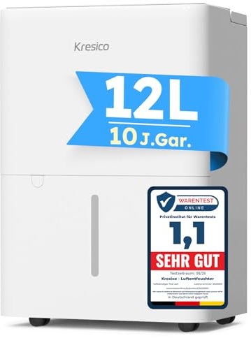 Kresico Luftentfeuchter elektrisch 12L, Entfeuchter elektrisch, Luftentfeuchter Keller für Räume bis zu 122m³/25m², Raumentfeuchter elektrisch 35dB mit Ablaufschlauch, Filter, Timer, 10 J. Gar.