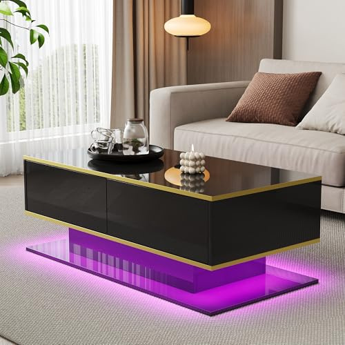 Merax LED Couchtisch Hochglanz mit Goldverzierung, Moderner Wohnzimmertisch 100x50x40 cm, Sofatisch mit 3 Schubladen & USB-LED-Licht, Kaffeetisch Beistelltisch Schwarz