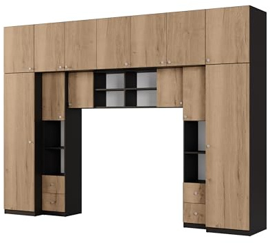 e-Meblast Wohnwand Wohnzimmer Möbel Sena - Modern Schrankwand Wohnzimmerschränke - Bett im Schrank Vertikal Schrankbett Moderne Schlafzimmermöbel (Schwarz Onyx/Eiche Halifax Natur, Ohne Spiegel)