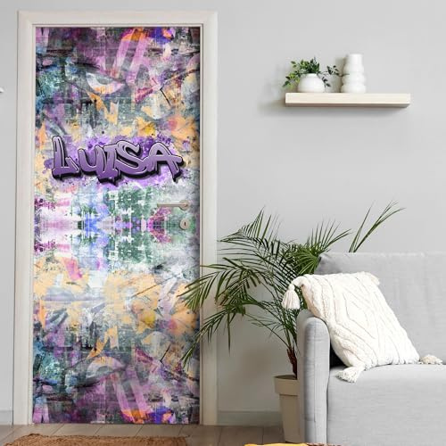 Türtapete selbstklebend | personalisiert mit Namen | 200 x 90 cm Graffiti Mädchen Street Art | Tür Aufkleber Poster Türfolie | Einteilig | Wasserfest 3D Türaufkleber Wandtattoo Türposter Teenager