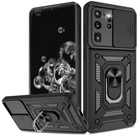 Techsuit für Samsung Galaxy S20 Ultra 4G S20 Ultra 5G Hülle mit Schiebe Kameraabdeckung, Ringhalter, Magnethalterung Kompatibel, Erhöhte Kanten, Stoßfest, CamShield Series, Polycarbonat, Schwarz