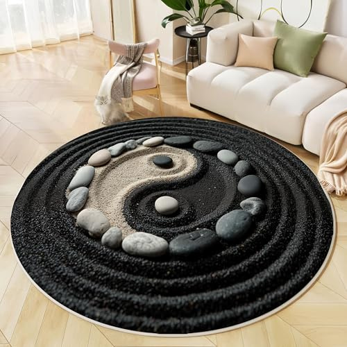 Schwarze Und Weiße Yin-Yang-Kieselsteine Teppich Wohnzimmer Rund 100cm, Natürlicher Zen-Stil Round Teppiche Rutschfest Waschbare Weiche Sehr Geeignet Für Schlafzimmer Flur Esszimmer Küche, Schwarz