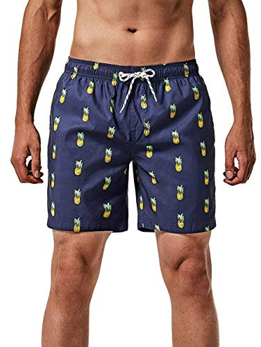 MaaMgic Short de Bains Homme Maillot de Bain Pants Court de Sport Séchage Vite Bien pour Vacance a la Plage, Bleu Marine Ananas, X-Large(tour de taille:89~94cm)