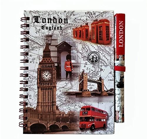 ZA Product London Icons Notebook and Pen - A6 Size/Matching Design/Wirebound Notepad/Big Ben/Westminster/Red Bus/Royal Guard/Tower Bridge/Telephone Box/British Souvenir from England UK