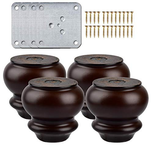 3 inch / 8cm Wooden Furniture Legs, La Vane Set of 4 Walnut Wood Round Gourd Replacement Bun Feet with Mounting Plate & Screws for Sofa Chair Couch Ottoman