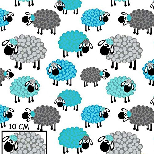 Pingianer 11,99€/m Schaf 100% Baumwolle Baumwollstoff Kinder Meterware Handwerken Nähen Stoff (Schaf Blau, 300x160cm (11,99€/m))