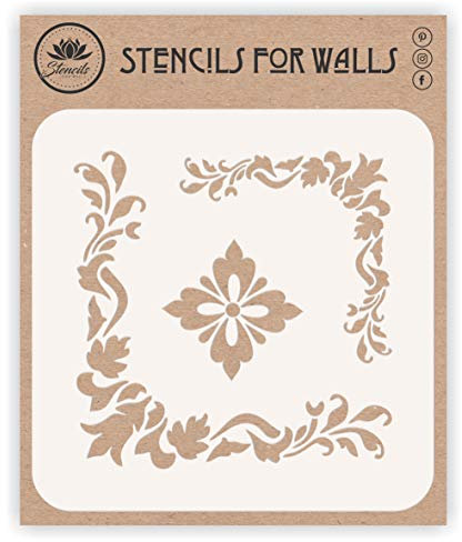 Stencil con angoli d'accento, 21,59 x 21,59 cm (L), stencil per pareti, modello originale classico con motivo floreale ad angolo