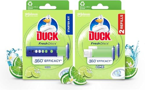 Duck Fresh Discs Toilet Cleaner Starter Kits, Fights Stains That Harbour Germs, Prevents Limescale Build Up, Lime, Starter Kit (1 Holder + 3 Refill Tubes)
