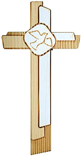 Kaltner Präsente Geschenkidee - Echtholz Wandkreuz Holz Kreuz Fichte Kruzifix mit Taube für die Wand modern gefertigt im Grödner Tal Südtirol (Höhe 18 cm)
