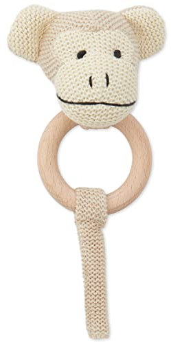 Bieco Greifling Baby Rassel | Niedliche Affen Häkel Rassel mit Holz Ring | Baby Greifling Rassel für Junge & Mädchen | Affe Greifling Gehäkelt mit Rassel | Greifringe Baby Äffchen