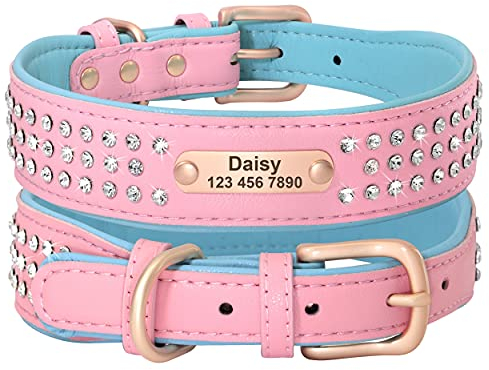 Beirui Personalisiertes Hundehalsband mit Strasssteinen für mittelgroße und große Hunde–glitzerndes Hundehalsband mit glitzernden Kristallen–strapazierfähiges PU-Leder für Haustiere mit Metallschnalle