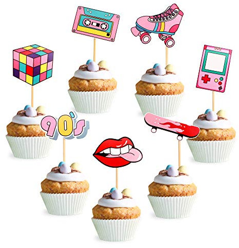 Unimall Global 28 Stück 90er Cupcake Topper Kuchendeckel Mädchen Jahre Thema Kuchendekoration Zubehör für Jahrzehnt Throwback Hip Hop Partydekorationen Partydekoration