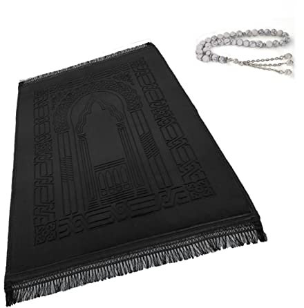 Tapis de prière Islamique – Grand Sajadah épais pour Enfants, Hommes, Femmes avec Perles de prière Islamique pour l'Aïd, Voyage, Ramadan, Doux et Luxueux et idéal pour Les Genoux et Le Front (Noir)