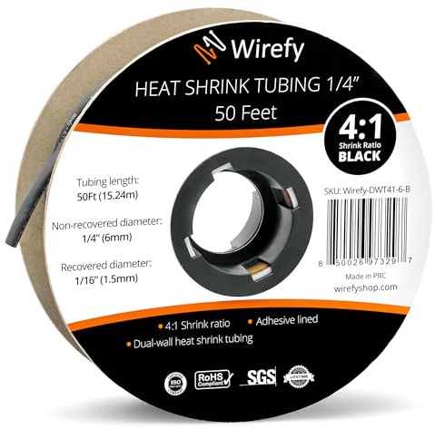 Wirefy Gaine Thermorétractable Etanche 6,4 mm - 4:1 Tube Thermoretractable à Double Paroi - Revêtement Adhésif - Gaine Thermo - Noire - Rouleau de 15 m