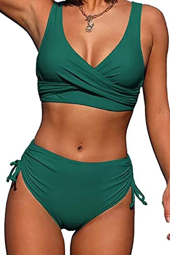 CheChury Damen Bikini Set Cross Back Badeanzüge Einfarbig Bademode Kordelzug Side Bikini Sexy Crossover Oberteil Triangel Bikinihose Hoher Taille Gepolstert Strandbikini Zweiteiliger