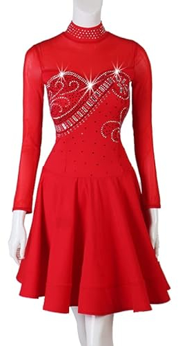 JRUIA Standard Tanzkleider Für Lateinamerikanische Tänze Hohem Damen Kragen Tango Übungsballsaal Aus Mesh Langen Ärmeln Tanz Kostüme Elegante Salsa Performance Tanzbekleidung Für Zumba Rumba,Rot,S