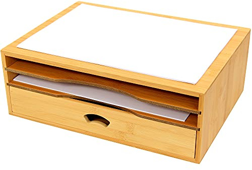 Woodquail Printer Monitor Stand, Desk Tidy Organiser with Drawer, Made of Natural Bamboo