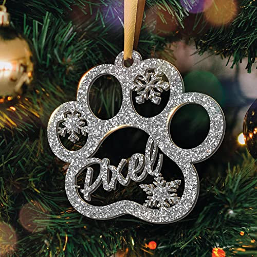Personalisierte Weihnachtskugel - Lasergeschnittene Weihnachtsornamente mit personalisiertem Namen (Model: Cat Paw, Glitter Argent/Silber)
