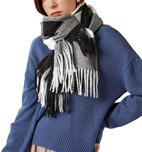 ORANDESIGNE Schal Damen Warm Herbst Kariert Pashmina Schals Stola mit Fransen übergroßer Deckenschal Herbstschal Winterschal Karo Tartan Plaid Muster Fransen Poncho A Schwarz 180 x 70 cm