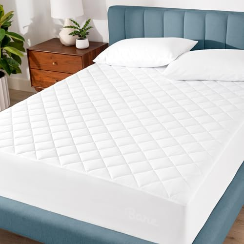 Bare Home Quilted Fitted Mattress Pad Double Size - Cooling Mattress Topper - Easily Washable - Premium Elastic Fitted Mattress Cover - Stretch-to-Fit up to 30 CM Deep (Double, White)