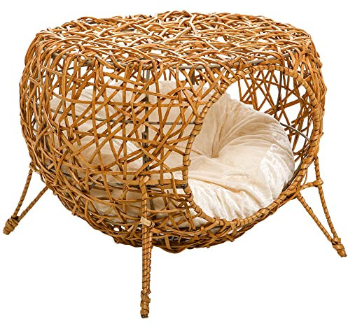 PawHut Panier Niche Maison pour Chat sur Pied en rotin avec Coussin épais dim. Ø 40 x 32 cm Marron Clair