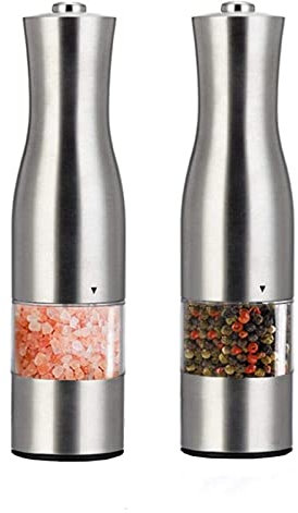 Pepper Mills Automatic Stainless Steel Pepper Mill Grinder，LED Light, Adjustable Coarseness, Battery Powered, 2 Pack Pepper Grinder Salt