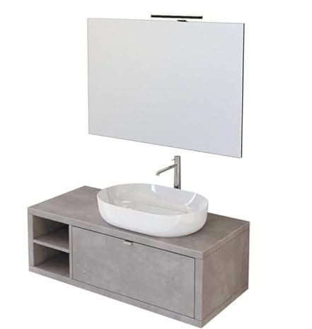 IMPERIAL BAGNO - Hängender Badezimmerschrank 110 cm, Betonoptik, warmgrau, mit Ablage links und Spiegel Domino